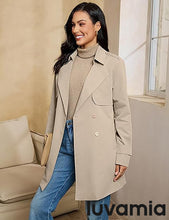 luvamia Trench Coat Women Mid Length Classic Double Breasted Lapel Business Casual Fall Jacket Coats Outerwear with Belt
