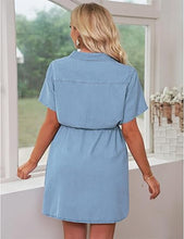 luvamia Women Casual Denim Dress Short Sleeve Tie Waist Classic Jean Shirt Dress