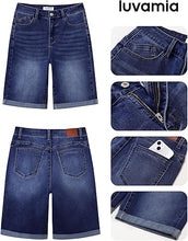 luvamia FleXclusive Bermuda Jean Shorts for Women Knee Length High Waisted Trendy Cuffed Hem Long Stretchy Denim Shorts Summer Jorts