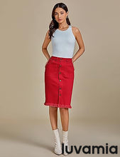 luvamia Women's Casual Mid Rise Button Down Frayed Raw Hem Fit Denim Jean Skirt