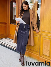 luvamia Corduroy Skirts for Women Midi Length High Waisted Button Fly Fall Casual Elastic Waist Long Skirt with Slit