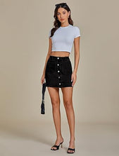 LUVAMIA Women's Denim Bodycon High Waist Button Front Pull-On Mini Skirt