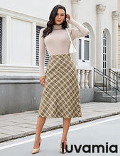 luvamia Plaid Skirts for Women Midi Length High Waisted Trendy A Line Elastic Waist Casual Office Work Fall Skirt