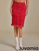 luvamia Women's Casual Mid Rise Button Down Frayed Raw Hem Fit Denim Jean Skirt