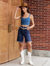 luvamia FleXclusive Jean Bermuda Shorts for Women Trendy Mid Rise Raw Hem Knee Length Stretchy Denim Long Shorts Summer Casual Jorts