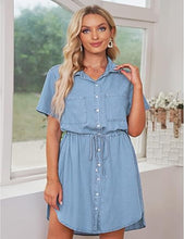 luvamia Women Casual Denim Dress Short Sleeve Tie Waist Classic Jean Shirt Dress