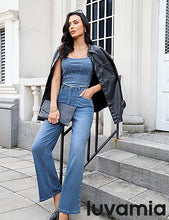 LUVAMIA  Women's High Rise Flare Jeans Washed Denim Trousers Studded Details Retro Style