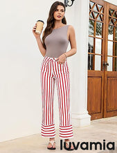 luvamia Striped Jeans for Women Wide Leg High Waisted Trendy Patch Pockets Stretchy Denim Pants Casual Trouser Jeans