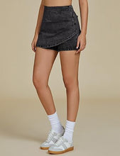 LUVAMIA Women's Slim Fit Pleated Denim Unlined Irregular Retro High Waisted Skorts