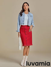 luvamia Women's Casual Mid Rise Button Down Frayed Raw Hem Fit Denim Jean Skirt