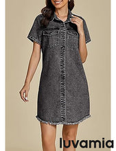 LUVAMIA Women's Midi Sundresses Crewneck short Sleeve Denim Casual Dress