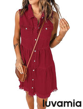 luvamia Women's Casual Summer Lapel Sleeveless Button Down Short Denim Jean Dress