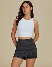 LUVAMIA Women's Slim Fit Pleated Denim Unlined Irregular Retro High Waisted Skorts