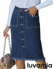 luvamia Women's Casual Mid Rise Button Down Frayed Raw Hem Fit Denim Jean Skirt