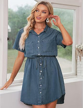 luvamia Women Casual Denim Dress Short Sleeve Tie Waist Classic Jean Shirt Dress