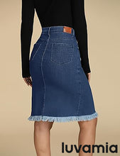 luvamia Women's Casual Mid Rise Button Down Frayed Raw Hem Fit Denim Jean Skirt