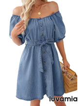 luvamia Denim Dress for Women Off The Shoulder Dresses Puff Sleeve Elastic Waist A Line Short Western Jean Dress Belted