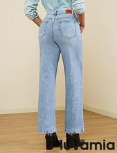 LUVAMIA  Women's High Rise Flare Jeans Washed Denim Trousers Studded Details Retro Style