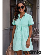 luvamia Women's Casual Short Sleeve Button Down Tiered Denim Babydoll Jean Dress