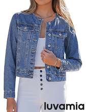 luvamia FleXclusive Women's Button Down Long Sleeves Crew Neck Denim Jacket