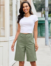 luvamia Bermuda Shorts for Women Knee Length High Waisted Dressy Casual Patch Pocket Chino Elastic Waist Long Shorts