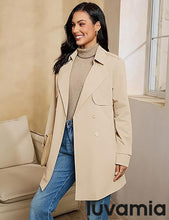 luvamia Trench Coat Women Mid Length Classic Double Breasted Lapel Business Casual Fall Jacket Coats Outerwear with Belt