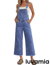 luvamia FleXclusive Denim Overalls for Women Wide Leg Capri Jean Jumpsuit Loose Fit Summer Stretchy Bib Overall Embroidered Raw Hem