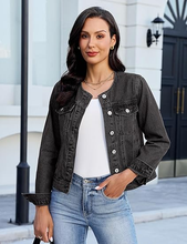 luvamia FleXclusive Women's Button Down Long Sleeves Crew Neck Denim Jacket