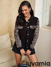 luvamia Sequin Jackets Women Jean Long Sleeves Trendy Sparkly Night Out Party Concert Stretchy Denim Jacket with Pockets