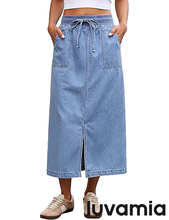 luvamia FleXclusive Jean Skirts for Women High Waisted Midi Denim Drawstring Elastic Waist Long Skirt with Pockets Front Slit