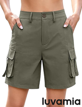 luvamia Cargo Shorts Women High Waisted Casual Elastic Waist 7" Inseam Mid Thigh Hiking Golf Shorts with Utility Pockets