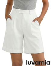 luvamia High Waisted Shorts for Women Dressy Casual Pleated Wide Leg Midi Baggy Work Shorts Rolled Hem with Pockets