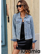 luvamia FleXclusive Denim Jacket for Women Distressed Jean Jackets Button Up Vintage Western Trucker Jacket Frayed Hem Pockets