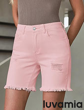 LUVAMIA Women's High Waisted Distressed Raw Hem Stretch Denim Shorts