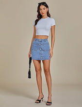 LUVAMIA Women's Denim Bodycon High Waist Button Front Pull-On Mini Skirt