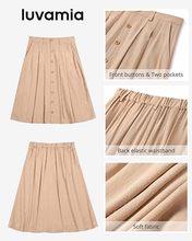 luvamia Linen Skirts for Women Midi Pleated Elastic High Waisted Casual Button Down A Line Flowy Summer Skirt with Pockets