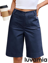 luvamia Bermuda Shorts for Women Knee Length High Waisted Dressy Casual Patch Pocket Chino Elastic Waist Long Shorts