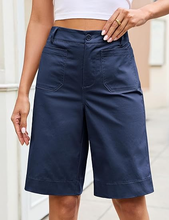 luvamia Bermuda Shorts for Women Knee Length High Waisted Dressy Casual Patch Pocket Chino Elastic Waist Long Shorts