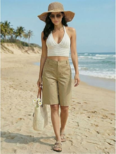 luvamia Bermuda Shorts for Women Knee Length High Waisted Dressy Casual Patch Pocket Chino Elastic Waist Long Shorts