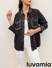 luvamia Jean Jacket for Women Trendy Rhinestone Embellished Long Sleeve Denim Jackets with Pockets