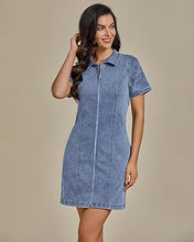 LUVAMIA Women's Short Sleeve Slim Tight Shirt-Neck Symmetrical Simple Versatile Denim Dress