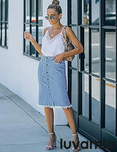 luvamia Women's Casual Mid Rise Button Down Frayed Raw Hem Fit Denim Jean Skirt