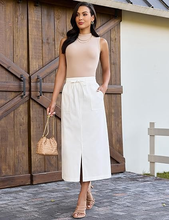 luvamia FleXclusive Jean Skirts for Women High Waisted Midi Denim Drawstring Elastic Waist Long Skirt with Pockets Front Slit