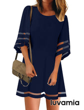 luvamia Women Dresses Casual Crewneck 3/4 Bell Sleeve Loose Mesh Panel Tunic Dress