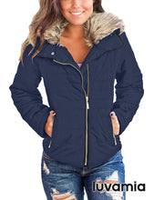 luvamia Women Casual Warm Winter Faux Fur Quilted Parka Lapel Zip Jacket Puffer Coat