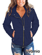 luvamia Women Casual Warm Winter Faux Fur Quilted Parka Lapel Zip Jacket Puffer Coat