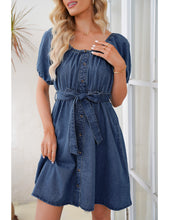 luvamia Denim Dress for Women Off The Shoulder Dresses Puff Sleeve Elastic Waist A Line Short Western Jean Dress Belted