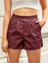 luvamia Faux Leather Shorts for Women High Wasited Pull On Pleated Side Slit Pleather Shorts with Elastic Waist Pockets