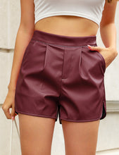 luvamia Faux Leather Shorts for Women High Wasited Pull On Pleated Side Slit Pleather Shorts with Elastic Waist Pockets