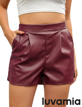 luvamia Faux Leather Shorts for Women High Wasited Pull On Pleated Side Slit Pleather Shorts with Elastic Waist Pockets